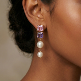 Vermeil Square Amethyst and Pink Topaz Pearl Drop Earrings