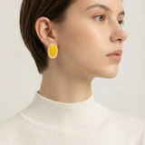 Vintage Baroque Gold Earrings with Yellow Enamel Oval Center