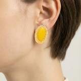 Vintage Baroque Gold Earrings with Yellow Enamel Oval Center